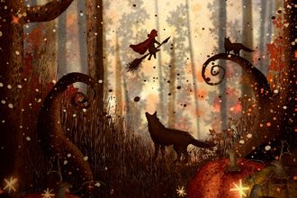 Un loup parmi des potirons aux couleurs de l’automne.